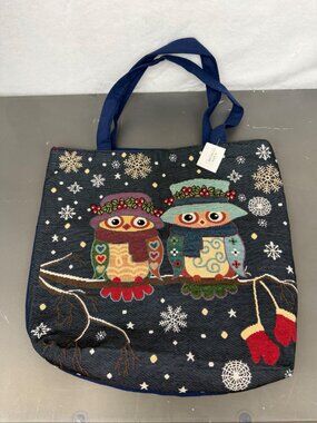 Christmas Owl Holiday Tote Bag With Snowflake Print & Dual Handles